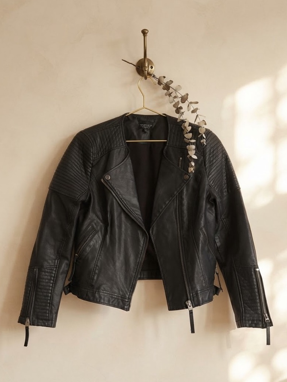 Topshop Black Quilted-Shoulder Moto Vegan Leather Jacket